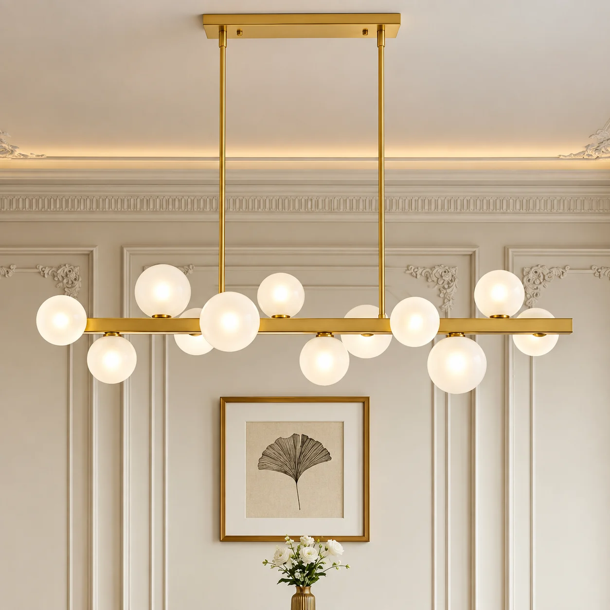 Modern Brass Linear Globe Chandelier