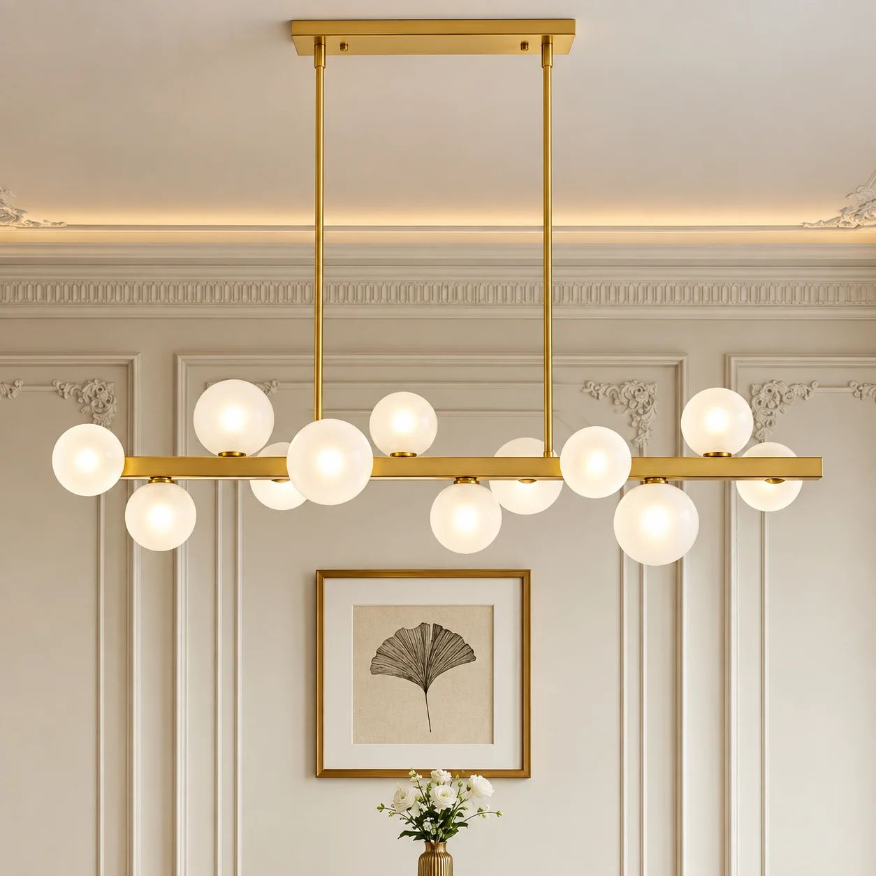 Modern Brass Linear Globe Chandelier — Chandeliers by Kamatlux Lighting