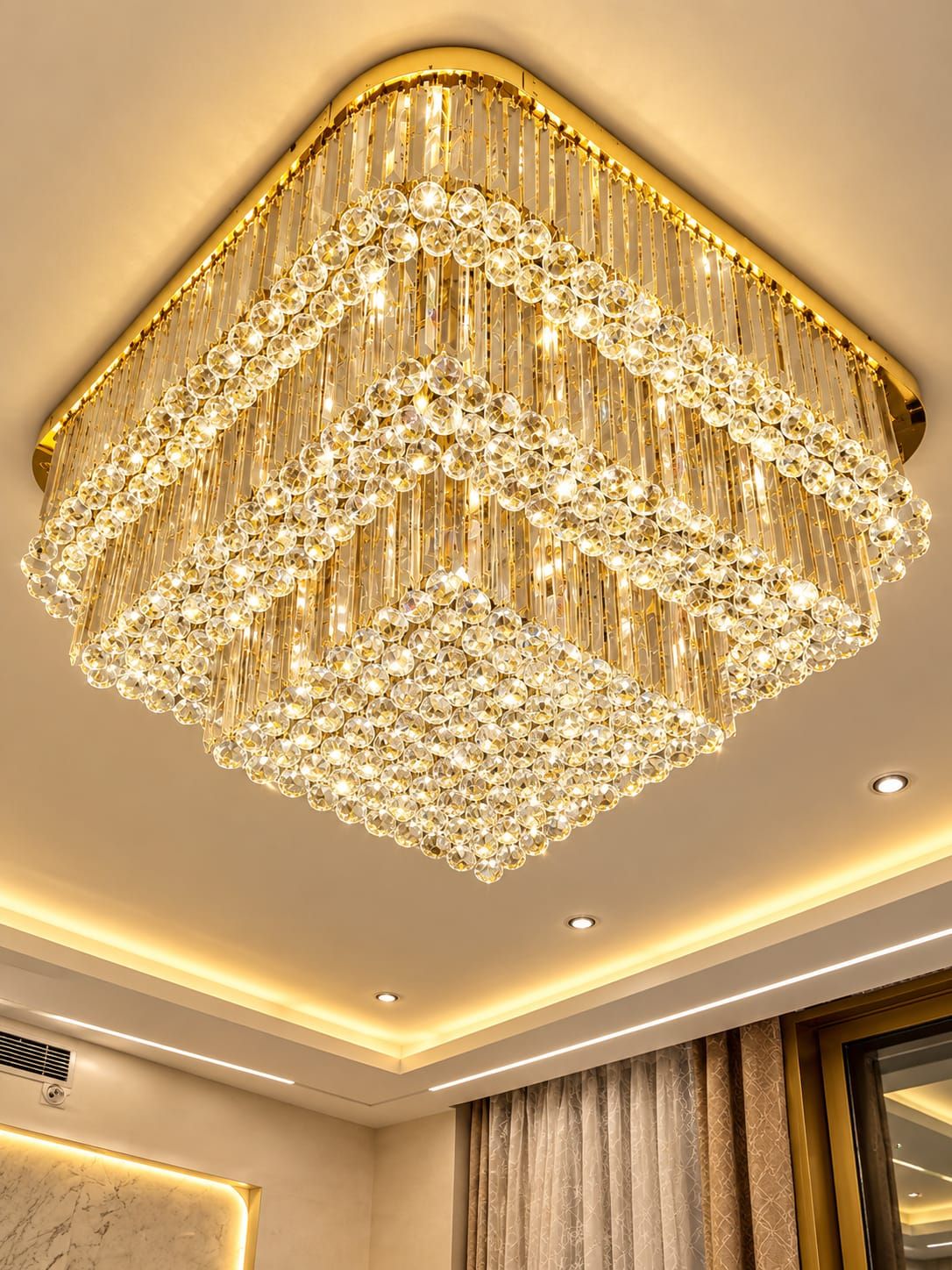 Grand Golden Cascade Square Crystal Chandelier