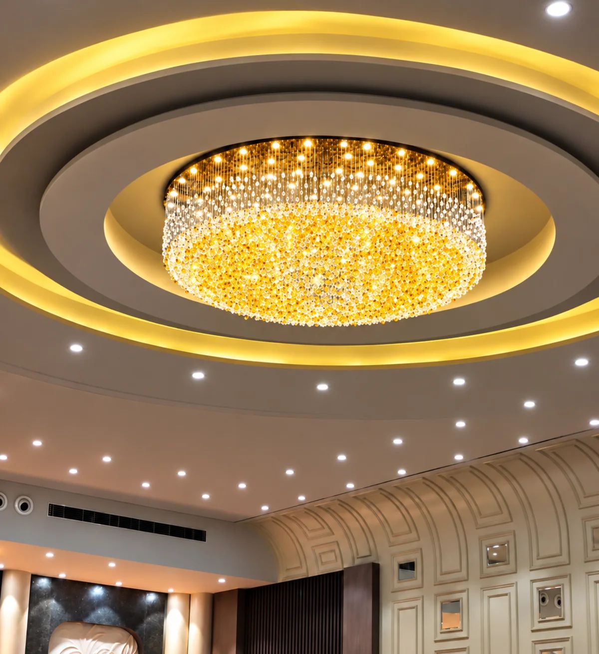 Grand Imperial Crystal Cascade Chandelier Installation — Kamatlux Lighting
